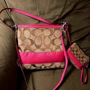 Beautiful Signature Coach Purse (Brown and Pink) with Matching Small Wristlet
